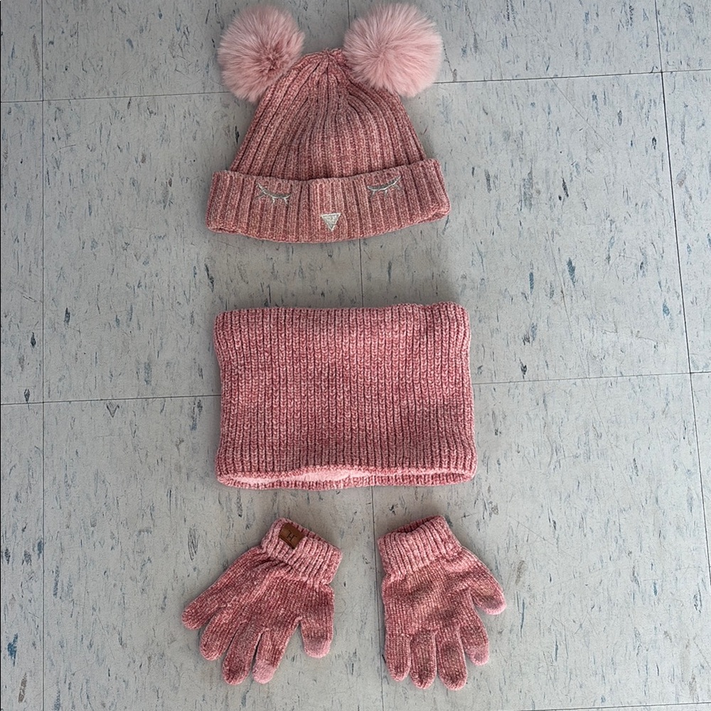 Cozy Pink Knit Kids Accessory Set